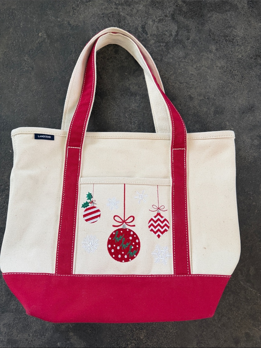 Lands' End Christmas Holiday Ornaments Embroidered Canvas Tote Bag Red Cream